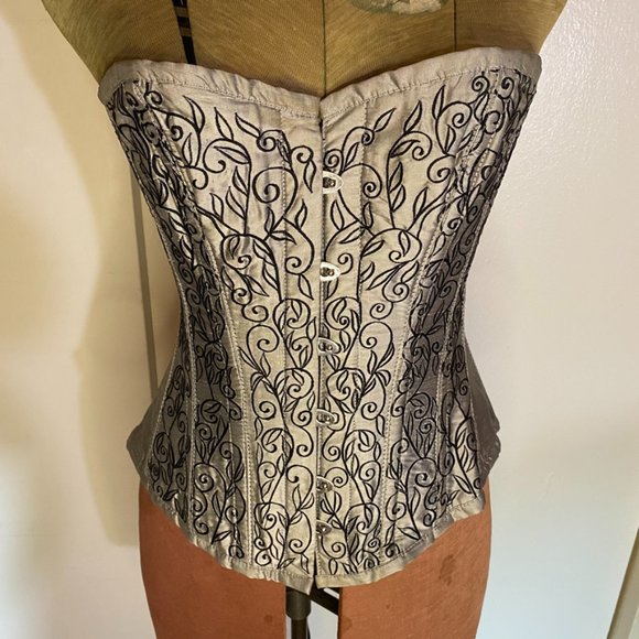 Burleska Silver Swirl Silk Taffeta Overbust Corset- Size 24in - Picture 2 of 12